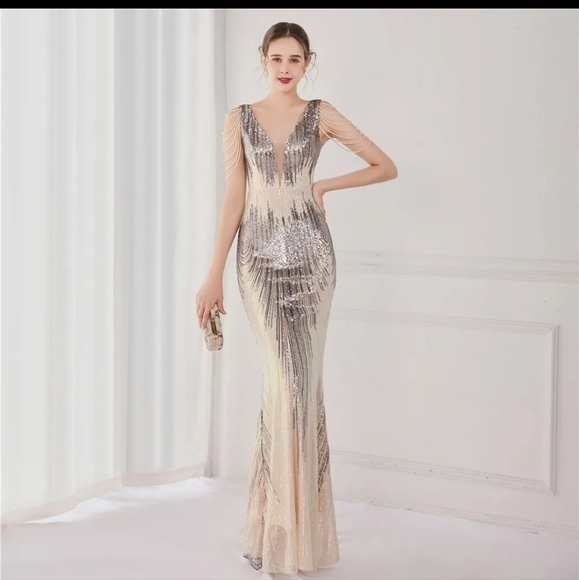 Silver/Gray Striped Print, V Neck, Backless,  Sleeveless,  Beaded, Sequined Gown - Picture 6 of 16